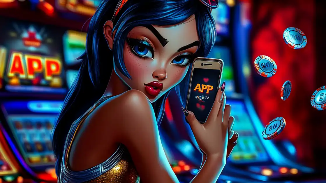 Animated girl with blue hair and big eyes showing a mobile phone with a casino app, surrounded by floating poker chips and glowing machines.