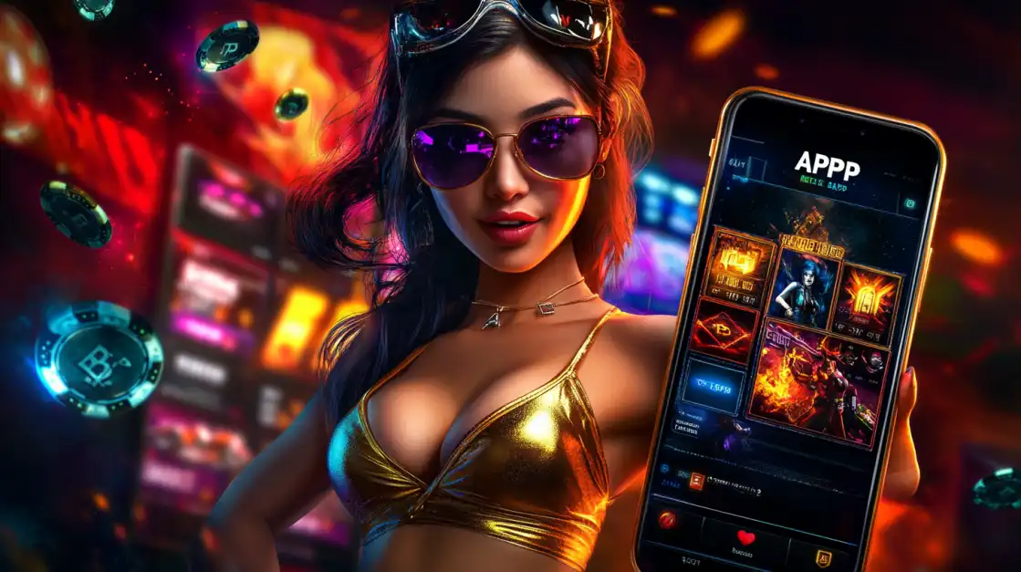 Stylish woman in gold bikini and sunglasses holding a smartphone with a casino gaming app on screen, surrounded by glowing crypto chips and slot machines.