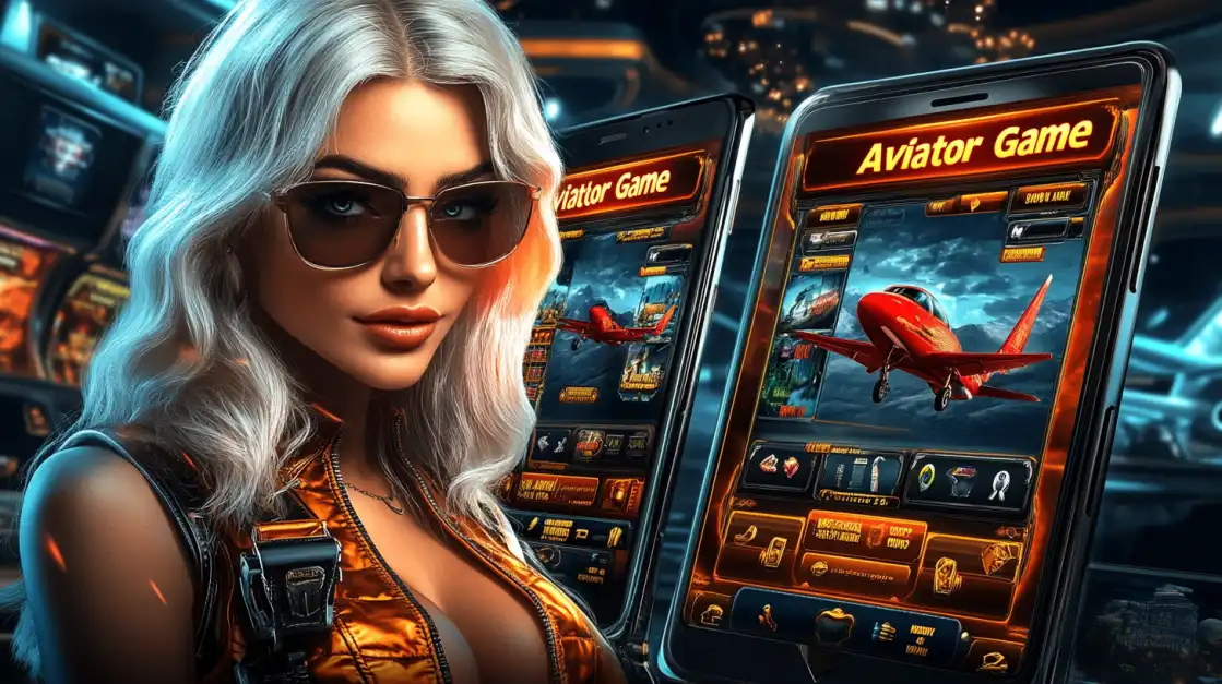 Glamorous woman in orange jumpsuit and sunglasses standing beside two phones showing the Aviator Game, surrounded by sleek glowing casino interfaces.