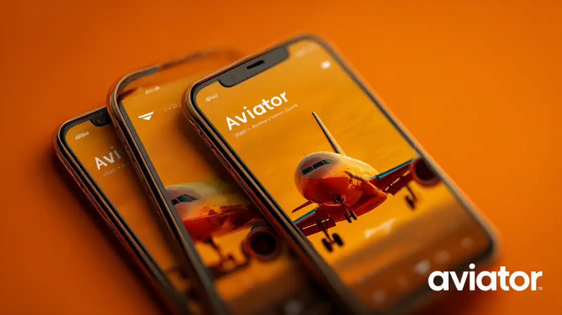 Three smartphones lined up showing the Aviator game start screen with a plane on an orange background, styled in a clean, minimal design.