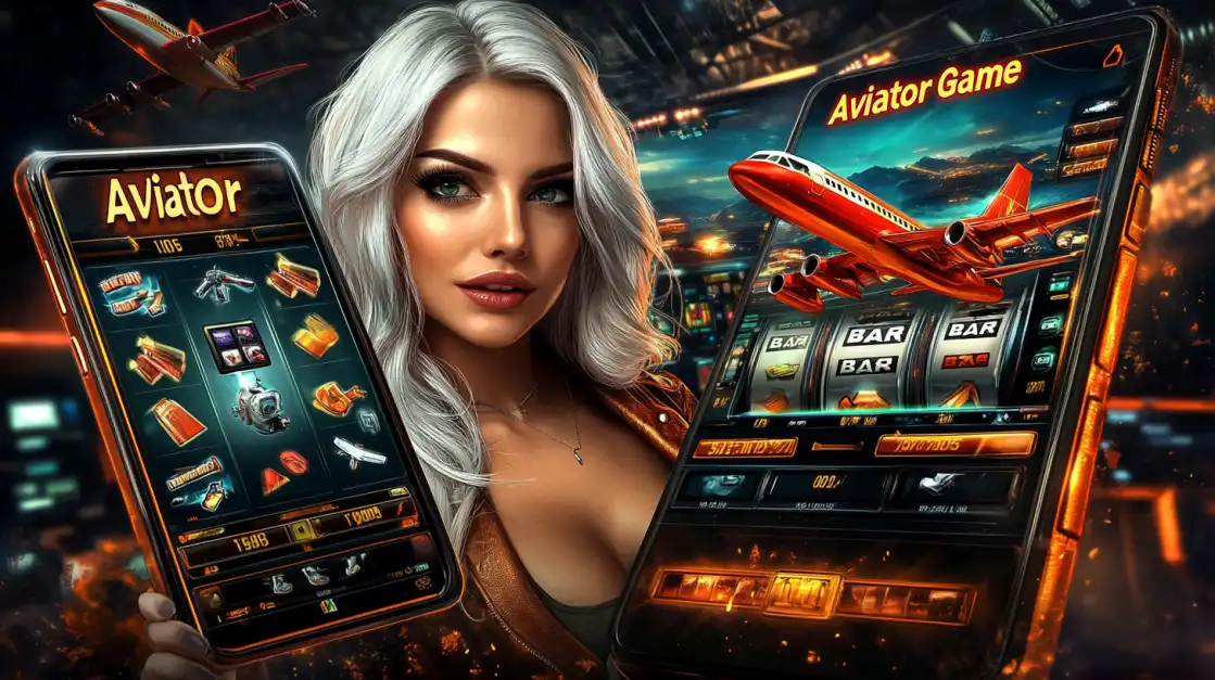 Confident woman with silver hair holding a phone showing the Aviator slot game interface, with planes and glowing city elements in the background.