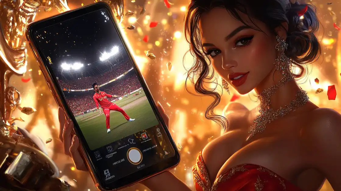 Elegant woman in a sparkling red dress holding a phone with a cricket match interface on screen, surrounded by gold confetti and festive lights.