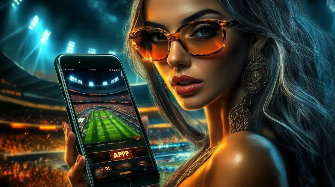 Stylish woman in amber sunglasses holding a smartphone with a football betting app interface, set against the backdrop of a packed stadium under bright lights.