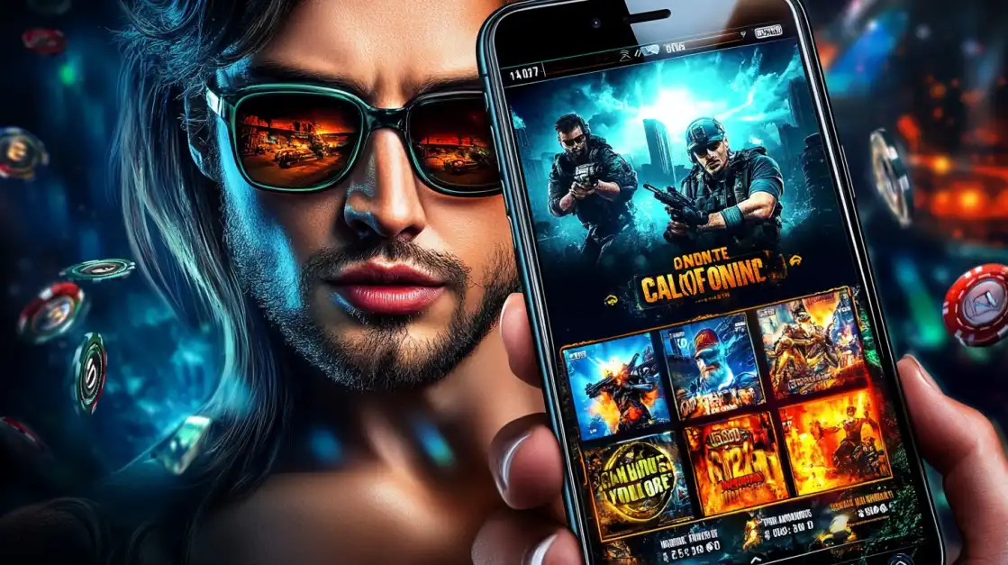 Rugged man in sunglasses reflecting flames, holding a phone displaying a war-themed slot game with dramatic lighting and casino chips flying around.