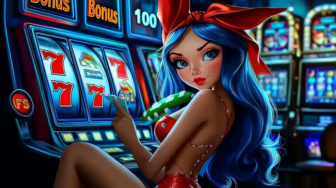 Cartoon-style girl with long blue hair and red bow holding playing cards and chips, sitting in front of a slot machine showing triple 7s.