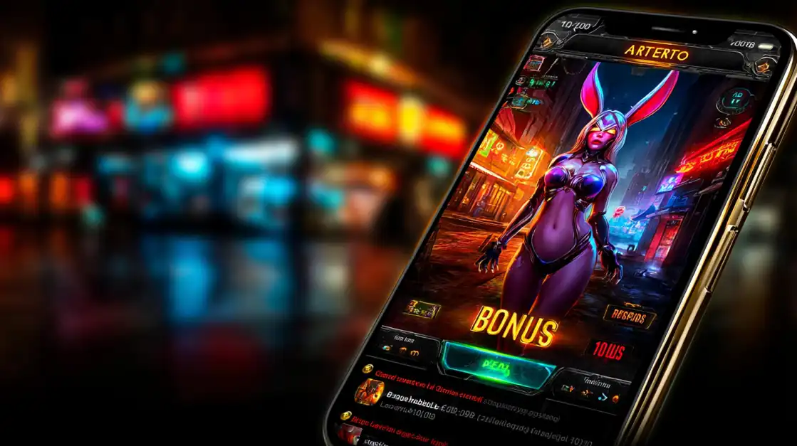 Futuristic woman in a purple bunny costume standing on a phone screen with glowing neon lights, with the word 'BONUS' displayed at the bottom.
