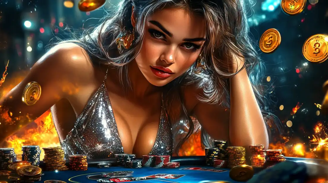 Stunning woman in a glittery silver dress leaning over a poker table, surrounded by glowing coins and blazing casino fire effects.