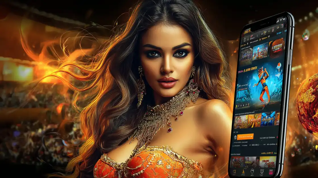 Gorgeous woman in an orange dress standing next to a glowing casino app interface on a smartphone with a crowd and lights in the background.