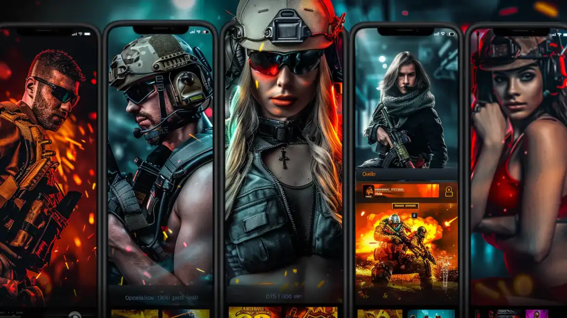Group of intense soldiers in military gear displayed on mobile screens, representing a war-themed mobile gaming app with fiery and tech backgrounds.