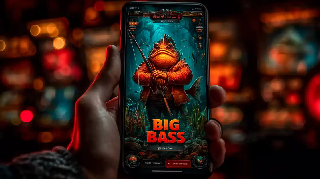 A fish-like humanoid character in an orange jacket holding a fishing rod on a mobile slot screen, with the title 'Big Bass' and underwater background.