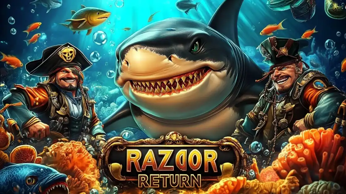 Ferocious shark grinning with sharp teeth, flanked by two pirate captains under the ocean, surrounded by fish and coral, with the title 'Razor Return.'