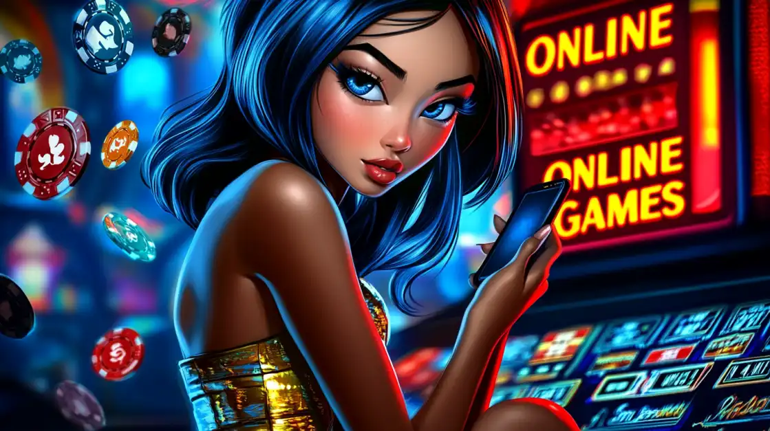 Anime-style girl with blue hair and golden dress holding a smartphone in front of slot machines, with floating poker chips all around.