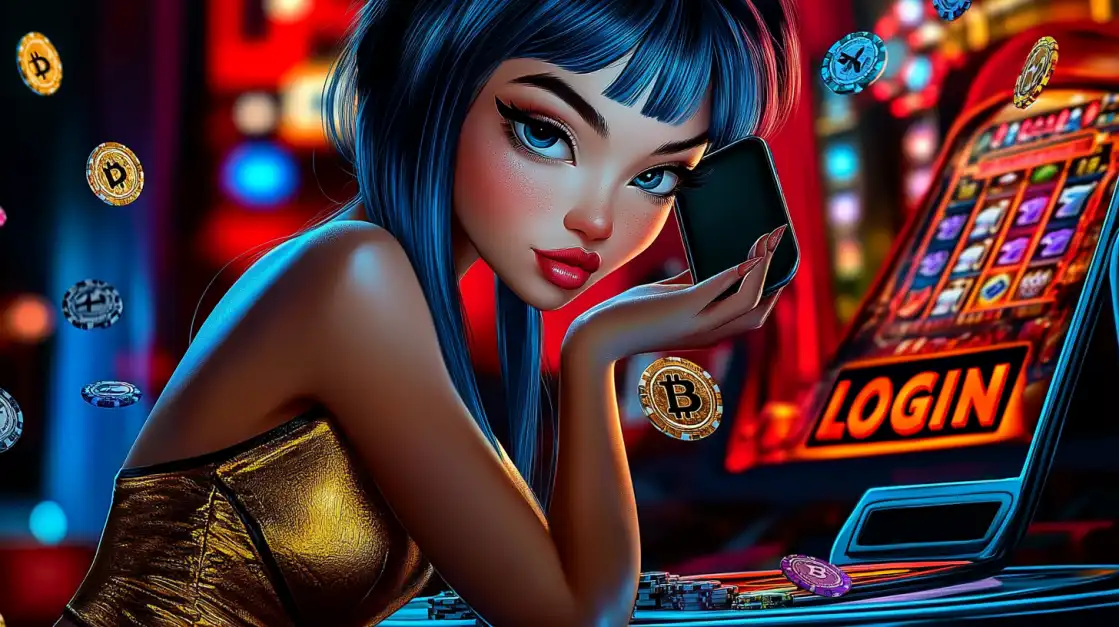 Stylized anime girl in a gold dress holding a phone in front of a slot machine screen showing LOGIN, surrounded by floating cryptocurrency tokens.