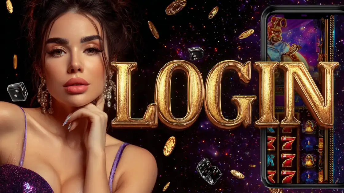 Glamorous woman in a sparkly purple dress beside the large golden word LOGIN and a phone displaying a slot app interface with casino dice and chips.