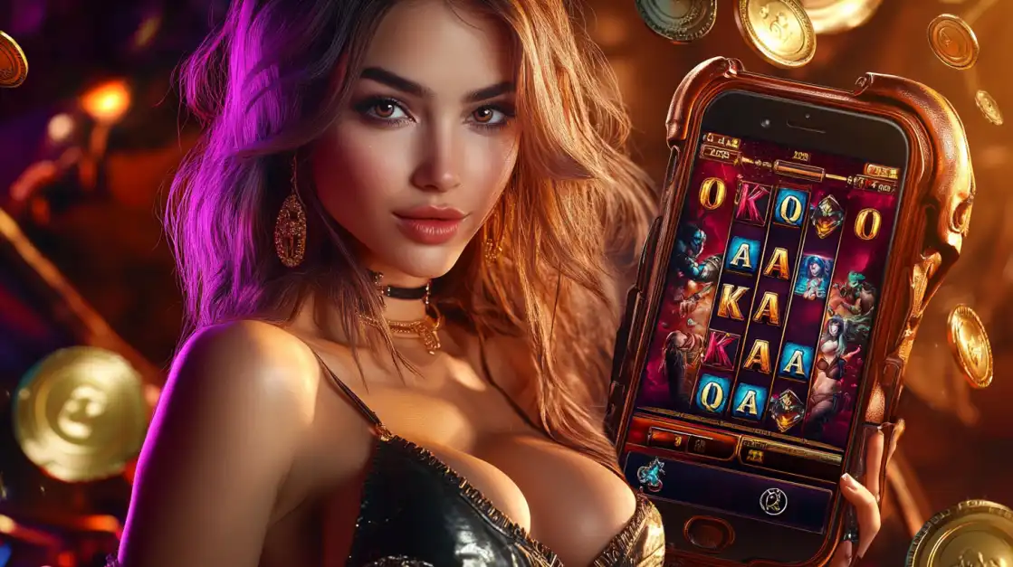 Beautiful woman with purple highlights holding a phone showing a fantasy-themed slot machine app, surrounded by flying golden coins.
