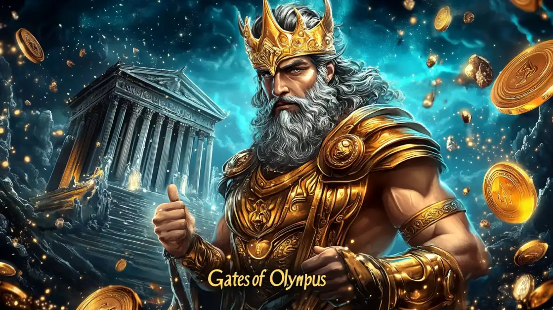 Powerful Greek god in golden armor and crown standing before an ancient temple, with coins flying through the sky and the title 'Gates of Olympus.'