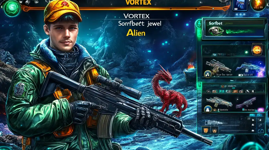 Young soldier in a green jacket and yellow cap holding a sniper rifle, with alien weapons and a small red dragon displayed in a futuristic icy world.